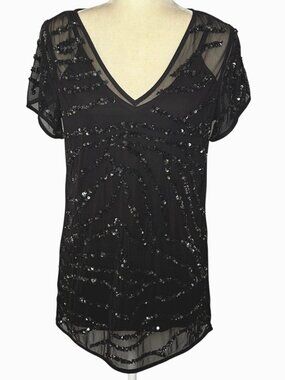 White House Black Market Sequin Mesh Top Black Flutter Sleeve Y2K Small